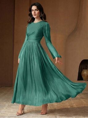 Anewsta Teal Long-Sleeve Pleated Maxi Dress S NWT